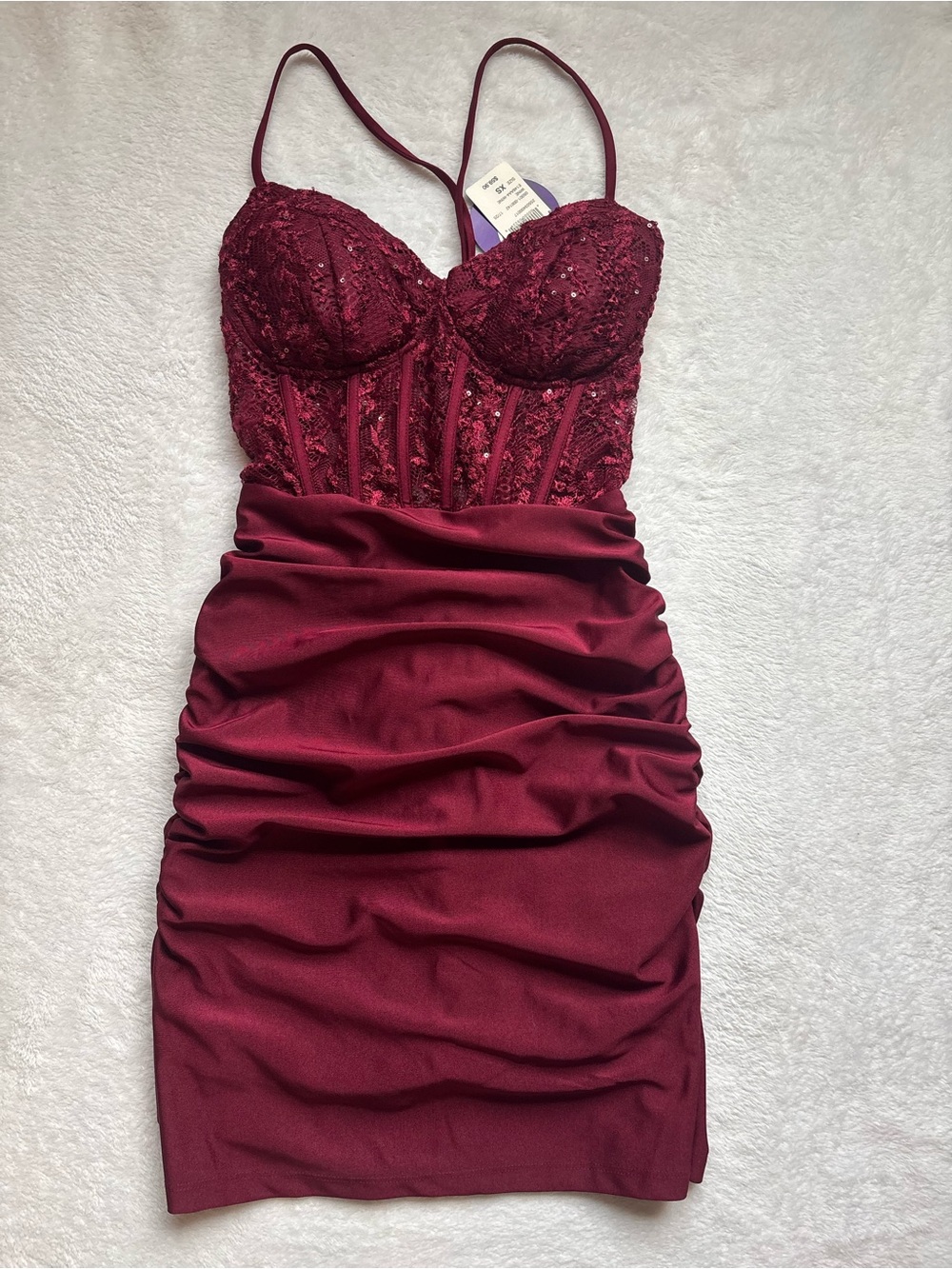 Windsor Wine Lace Bustier Ruched Mini Dress